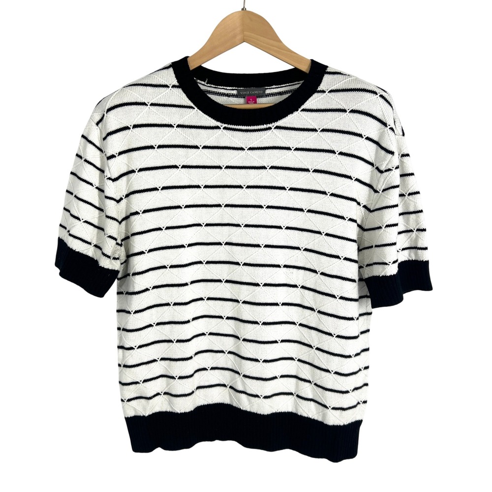 Vince Camuto Womens L Black White Striped Diamond Knit Short Sleeve Sweater Top